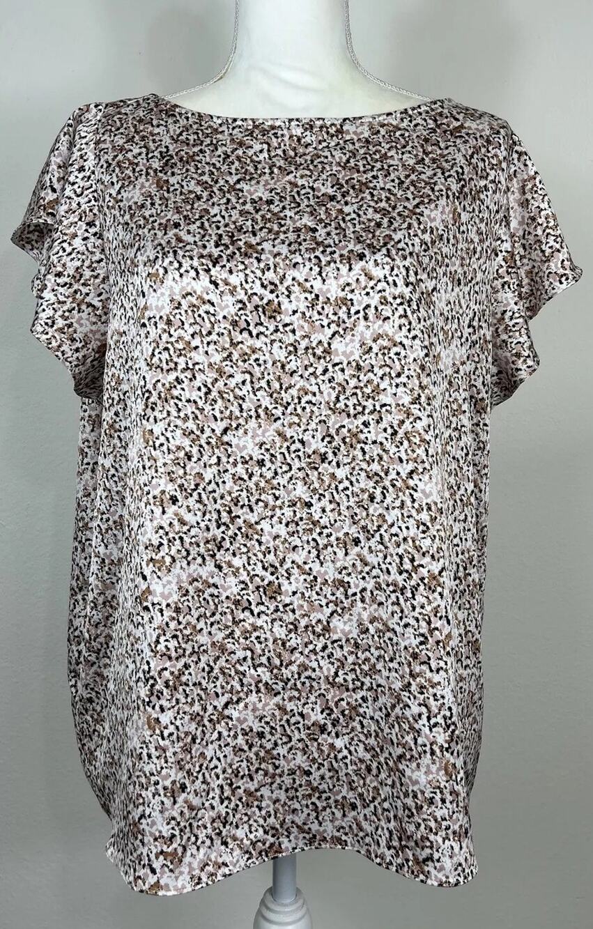 Nordstrom Leopard Print Blouse Womens L Brown Mauve Flutter Sleeve Workwear